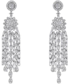 LARGE 4.48CT DIAMOND 18KT WHITE GOLD 3D ROUND & BAGUETTE FLOWER HANGING EARRINGS