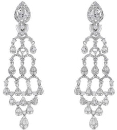 LARGE 2.96CT DIAMOND 18K WHITE GOLD BAGUETTE CLUSTER CHANDELIER HANGING EARRINGS