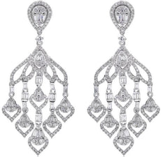 LARGE 2.06CT DIAMOND 18K WHITE GOLD ROUND & BAGUETTE CHANDELIER HANGING EARRINGS