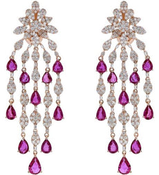 LARGE 11.57CT DIAMOND & AAA RUBY 18KT ROSE GOLD 3D PEAR SHAPE HANGING EARRINGS