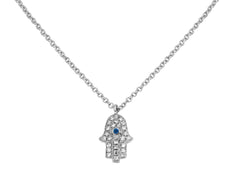 ESTATE .09CT DIAMOND & AAA SAPPHIRE 14K WHITE GOLD CHAMSA LUCKY FLOATING PENDANT