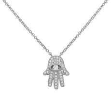 ESTATE .15CT DIAMOND 14KT WHITE GOLD CLASSIC CHAMSA HAMSA SIDEWAY LUCKY NECKLACE