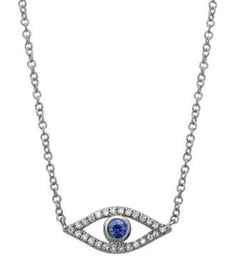 ESTATE .17CT DIAMOND & AAA SAPPHIRE 14KT WHITE GOLD 3D EVIL EYE LUCKY NECKLACE