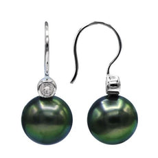 ESTATE .20CT DIAMOND & AAA TAHITIAN PEARL 18KT WHITE GOLD BEZEL HANGING EARRINGS