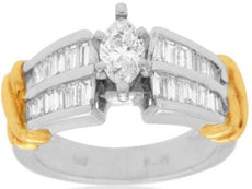 ESTATE 1.25CT MARQUISE & BAGUETTE DIAMOND 14KT 2 TONE GOLD 2 ROW ENGAGEMENT RING
