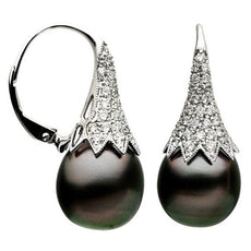 ESTATE LARGE .95CT DIAMOND & TAHITIAN PEARL 18K WHITE GOLD PAVE HANGING EARRINGS