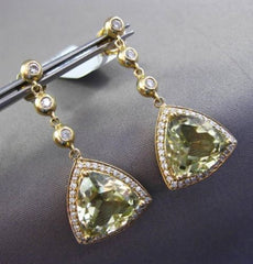 ESTATE 7.05CT DIAMOND & GREEN AMETHYST 14K YELLOW GOLD TRILLION HANGING EARRINGS