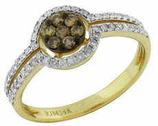 .54CT WHITE & CHOCOLATE FANCY DIAMOND 14KT YELLOW GOLD CLUSTER FLOWER HALO RING