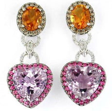 15.96CT DIAMOND AAA PINK AMETHYST & CITRINE 14K WHITE GOLD HEAR HANGING EARRINGS