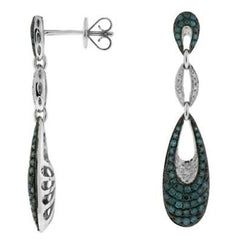 ESTATE .99CT WHITE & BLUE DIAMOND 14K WHITE GOLD PAVE TEAR DROP HANGING EARRINGS