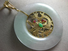 ANTIQUE EXTRA LARGE .12CT RUBY & JADE 14K 2 TONE GOLD FILIGREE BIRD NEST PENDANT