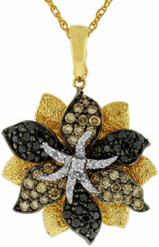 2.27CT WHITE BLACK & CHOCOLATE FANCY DIAMOND 14KT YELLOW GOLD 3D FLOWER PENDANT