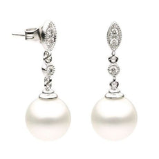 ESTATE .11CT DIAMOND & AAA PEARL 14KT WHITE GOLD 3D MILGRAIN HANGING EARRINGS