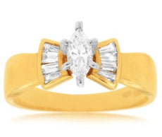 ESTATE 1.10CT MARQUISE & BAGUETTE DIAMOND 14K YELLOW GOLD 3D BOW ENGAGEMENT RING