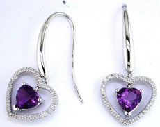 2.42CT DIAMOND & AAA AMETHYST 14K WHITE GOLD 3D HEART LEVERBACK HANGING EARRINGS