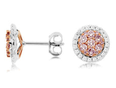 ESTATE .75CT WHITE & PINK DIAMOND 14K WHITE & ROSE GOLD 3D CLUSTER STUD EARRINGS