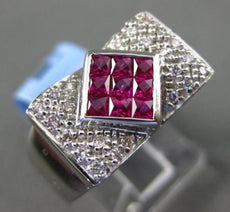 ESTATE WIDE 1.01CT DIAMOND & AAA RUBY 18KT WHITE GOLD 3D SQUARE BOW TIE FUN RING
