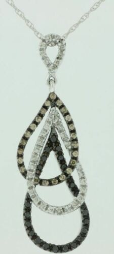 .40CT WHITE BLACK & MOCHA DIAMOND 14KT WHITE GOLD 3D TEAR DROP LOVE KNOT PENDANT