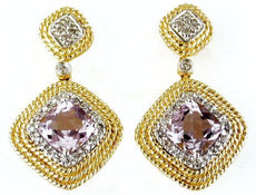 ESTATE 3.0CT DIAMOND & AAA AMETHYST 14K YELLOW GOLD SQUARE HALO HANGING EARRINGS