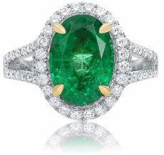 ESTATE LARGE 4.13CT DIAMOND & AAA EMERALD 14KT 2 TONE GOLD HALO ENGAGEMENT RING