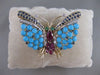 ANTIQUE LARGE DIAMOND RUBY SAPPHIRE TURQUOISE 14K W&Y GOLD BUTTERFLY PIN #2187