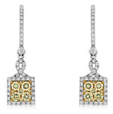 ESTATE 1.52CT WHITE & FANCY YELLOW DIAMOND 14KT WHITE GOLD HALO HANGING EARRINGS
