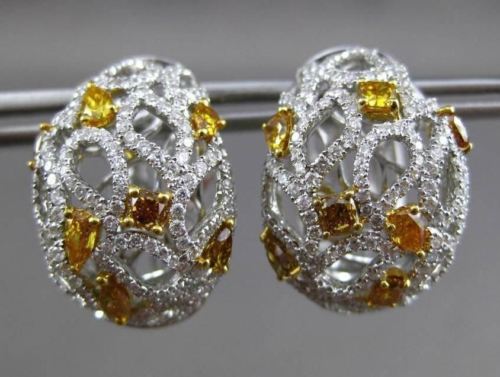ESTATE 4.28CT FANCY COLOR DIAMOND 18KT TWO TONE GOLD 3D HUGGIE HOOP EARRINGS