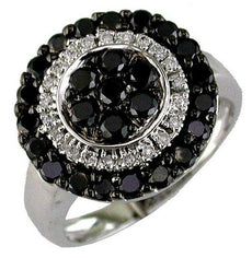 1.32CT WHITE & BLACK DIAMOND 14KT WHITE GOLD 3D CLASSIC CLUSTER FLOWER LOVE RING