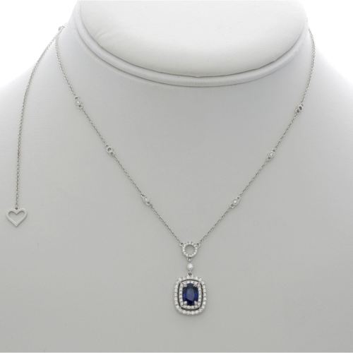 ESTATE 1.83CT DIAMOND & AAA SAPPHIRE 18KT WHITE GOLD SQUARE DOUBLE HALO NECKLACE