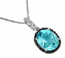 3.69CT WHITE & BLACK DIAMOND & AAA BLUE TOPAZ 14KT WHITE GOLD 3D OVAL PENDANT