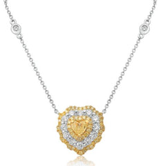 GIA 1.48CT WHITE & FANCY YELLOW DIAMOND 18KT 2 TONE GOLD 3D HEART SHAPE NECKLACE