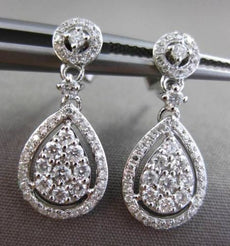 ESTATE .69CT ROUND DIAMOND 14KT WHITE GOLD PEAR SHAPE HALO CLUSTER DROP EARRINGS