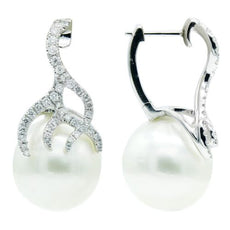 ESTATE .52CT DIAMOND & AAA SOUTH SEA PEARL 18KT WHITE GOLD VINE HUGGIE EARRINGS