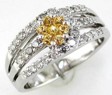 .80CT DIAMOND & AAA YELLOW SAPPHIRE 14K WHITE GOLD FLOWER CLUSTER 3 ROW FUN RING