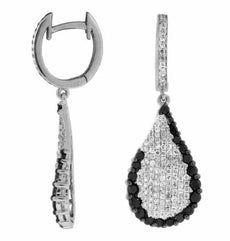 1.70CT WHITE & BLACK DIAMOND 14KT WHITE GOLD 3D TEAR DROP PAVE HANGING EARRINGS