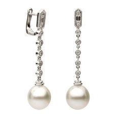 ESTATE LARGE .33CT DIAMOND & AAA SOUTH PEARL 18KT WHITE GOLD 3D HANGING EARRINGS