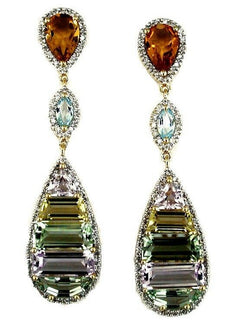 13.02CT DIAMOND & AAA MULTI GEM 14KT YELLOW GOLD 3D TEAR DROP HANGING EARRINGS