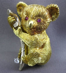 ANTIQUE LARGE DIAMOND & AAA RUBY 18KT GOLD AUSTRALIAN KOALA TEDDY BEAR PIN #1441