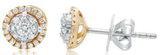 ESTATE .27CT DIAMOND 14KT TWO TONE GOLD 3D SOLITAIRE DOUBLE HALO STUD EARRINGS
