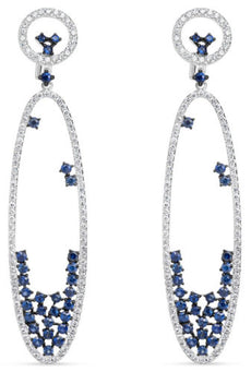 ESTATE LARGE 4.75CT DIAMOND & AAA SAPPHIRE 18KT WHITE GOLD OVAL HANGING EARRINGS