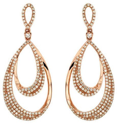 ESTATE LARGE .95CT DIAMOND 14K ROSE GOLD 3D MULTI ROW TEAR DROP HANGING EARRINGS