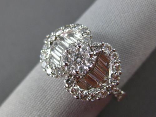 ESTATE 1.04CT ROUND BAGUETTE DIAMOND 18KT WHITE GOLD 3D DOUBLE HEART FLOWER RING