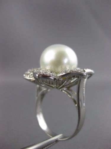 ESTATE EXTRA LARGE 1.40CT DIAMOND & SOUTH SEA PEARL18K WHITE GOLD 3D FLOWER RING