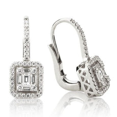 ESTATE .86CT ROUND & BAGUETTE  DIAMOND 18KT WHITE GOLD SQUARE LEVERBACK EARRINGS
