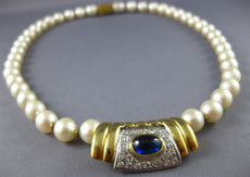 ANTIQUE LARGE 2.92CT DIAMOND SAPPHIRE & PEARL 18KT WHITE & YELLOW GOLD NECKLACE