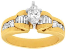 ESTATE 1.36CT MARQUISE ROUND & BAGUETTE DIAMOND 14KT YELLOW GOLD ENGAGEMENT RING