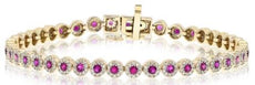 3.53CT DIAMOND & AAA RUBY 14KT YELLOW GOLD FLOWER HALO CLASSIC TENNIS BRACELET
