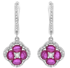 2.37CT DIAMOND & AAA RUBY 14KT WHITE GOLD 3D FOUR LEAF CLOVER HANGING EARRINGS