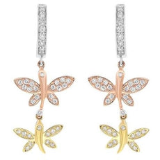 .63CT DIAMOND 14KT TRI COLOR GOLD 3D DOUBLE BUTTERFLY LOVE HANGING EARRINGS