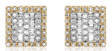 .35CT DIAMOND 14KT YELLOW GOLD 3D ROUND & BAGUETTE CLUSTER SQUARE STUD EARRINGS